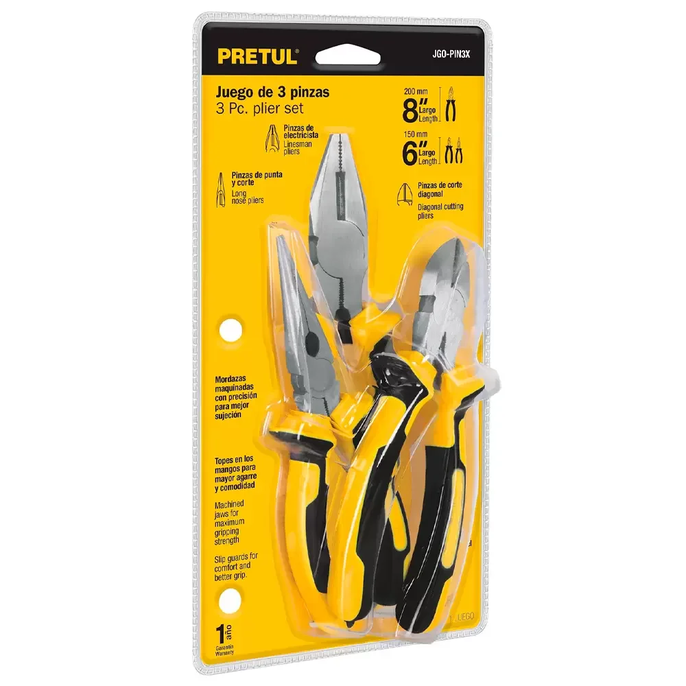 Juego De Pinzas 3 Piezas De 6 Y 8 Pulgadas Mangos Comfort Grip Pretul
