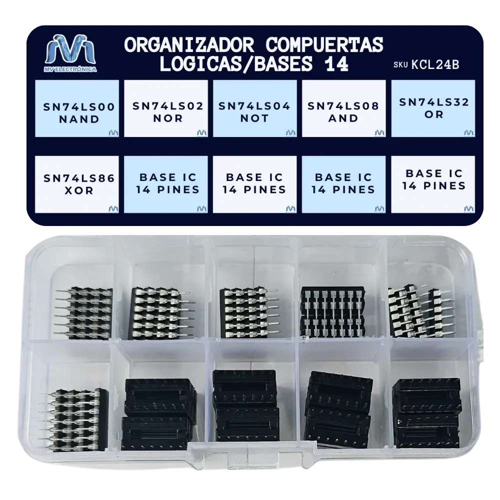 Organizador Con 24pzas Compuertas Logicas 7400/7402/7404/7408/7432/7486 Con Bases Ic 14 Pines