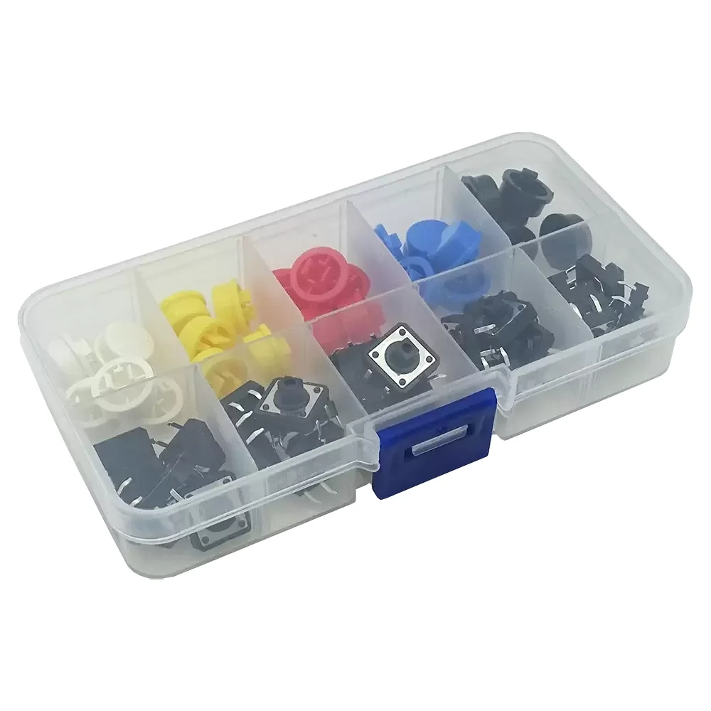 Kit De 25 Pulsadores 12x12x7.3 4 Pines Con Cubre Boton De Colores Y Estuche