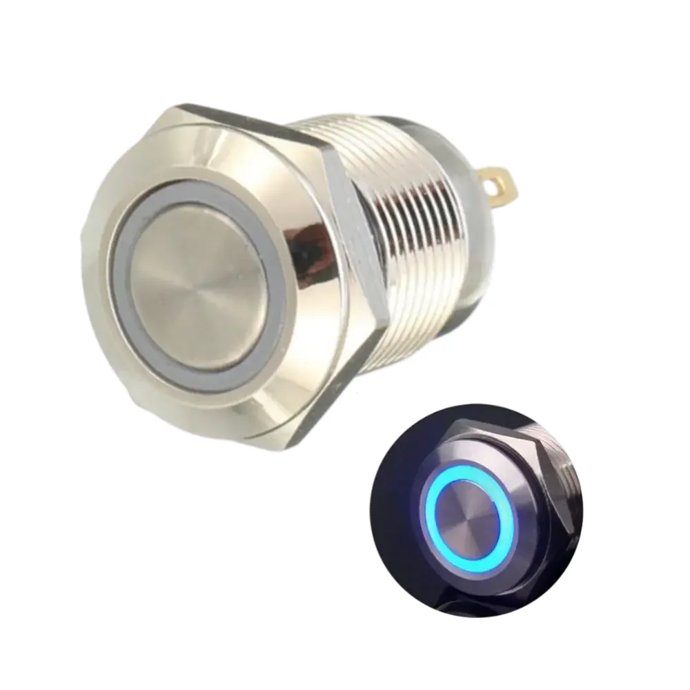 Mini Switch Pulsador Normalmente Abierto Metalico Con Foco Piloto Azul 12-24v 2a 4 Pines