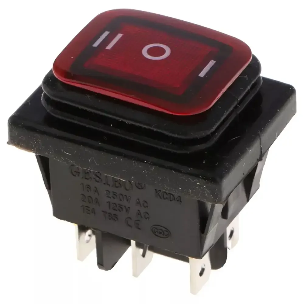 Switch De Balancín Rojo Doble Posición 6 Pines Con Cubierta De Silicón 16a 250vac O 20a 125vac 28x38 Mm