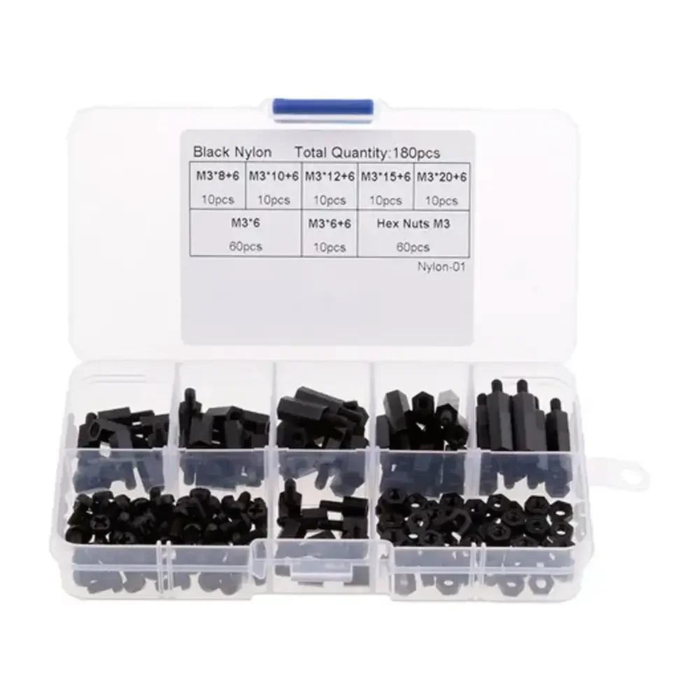 Kit De 60 Espaciadores De Nailon Negro Variados 6mm 8mm 10mm 12mm 15mm 20mm Con Tornillos Y Tuercas